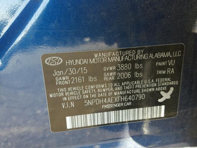 5NPDH4AEXFH640790 - 2015 HYUNDAI ELANTRA SE BLUE photo 10