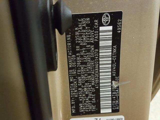 4T1BF3EK8AU014379 - 2010 TOYOTA CAMRY BASE BEIGE photo 10