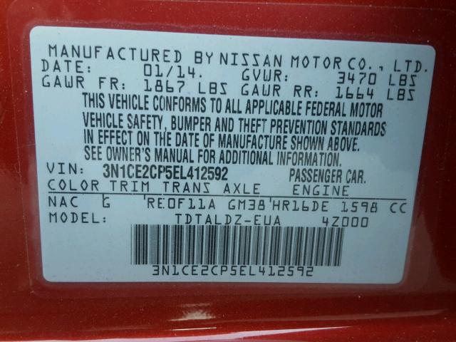 3N1CE2CP5EL412592 - 2014 NISSAN VERSA NOTE BURGUNDY photo 10