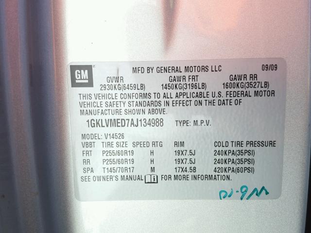 1GKLVMED7AJ134988 - 2010 GMC ACADIA SLT Gümüş foto 10