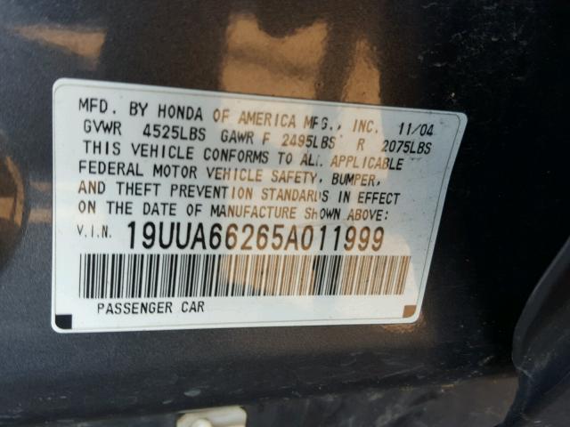 19UUA66265A011999 - 2005 ACURA TL GRAY photo 10