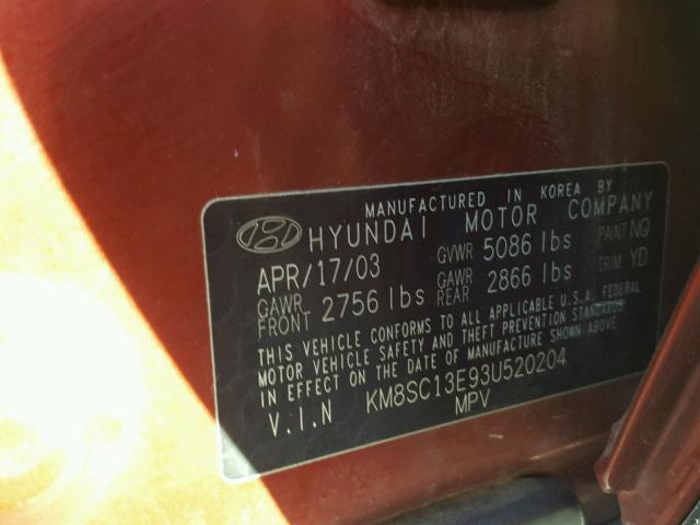 KM8SC13E93U520204 - 2003 HYUNDAI SANTA FE G RED photo 10