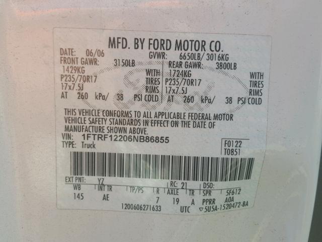 1FTRF12206NB86855 - 2006 FORD F150 WHITE photo 10