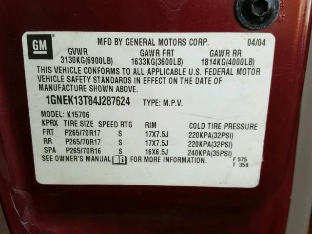 1GNEK13T84J287624 - 2004 CHEVROLET TAHOE K150 MAROON photo 10