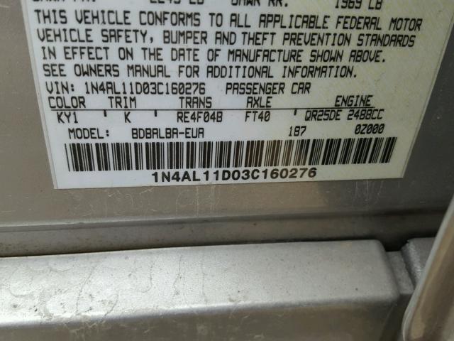 1N4AL11D03C160276 - 2003 NISSAN ALTIMA BAS SILVER photo 10