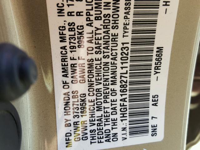 1HGFA16827L110231 - 2007 HONDA CIVIC EX ოქროსფერი ფოტო 10