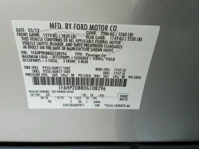 1FAHP2D88DG108296 - 2013 FORD TAURUS SE SILVER photo 10