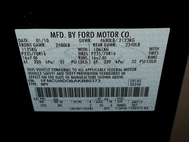 1FMCU9DG6AKB80373 - 2010 FORD ESCAPE XLT BLACK photo 10