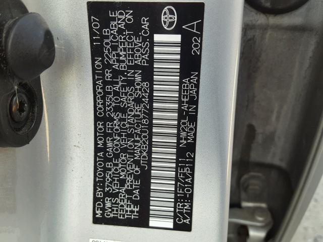 JTDKB20U187724428 - 2008 TOYOTA PRIUS SILVER photo 10