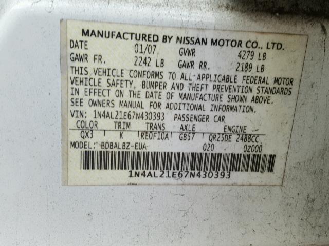 1N4AL21E67N430393 - 2007 NISSAN ALTIMA 2.5 WHITE photo 10