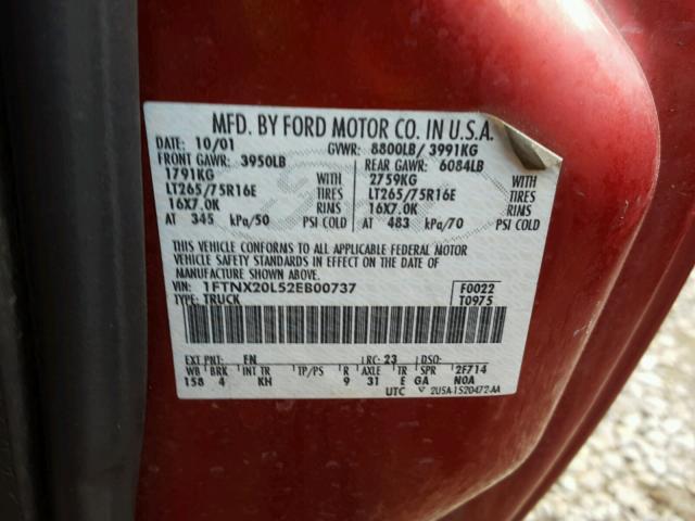 1FTNX20L52EB00737 - 2002 FORD F250 SUPER RED photo 10