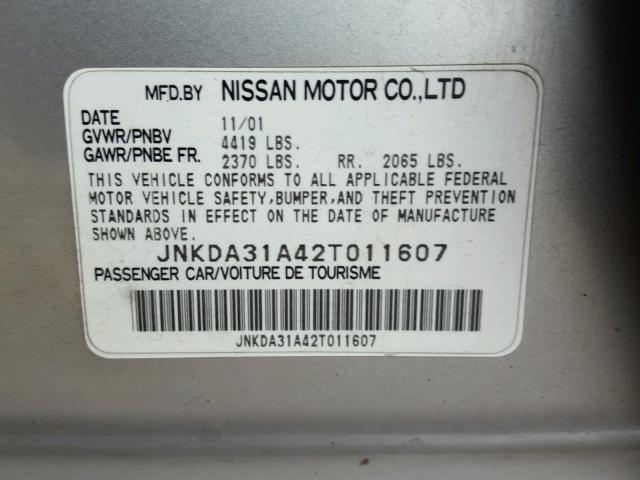 JNKDA31A42T011607 - 2002 INFINITI I35 SILVER photo 10