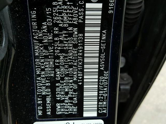 4T4BF1FK3FR491138 - 2015 TOYOTA CAMRY LE შავი ფოტო 10