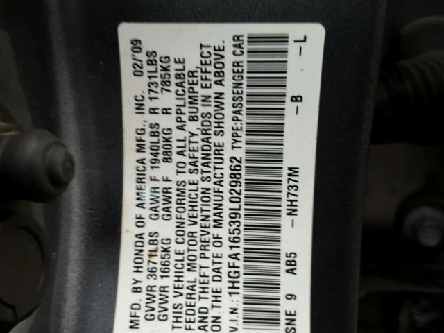 1HGFA16539L029862 - 2009 HONDA CIVIC LX SILVER photo 10