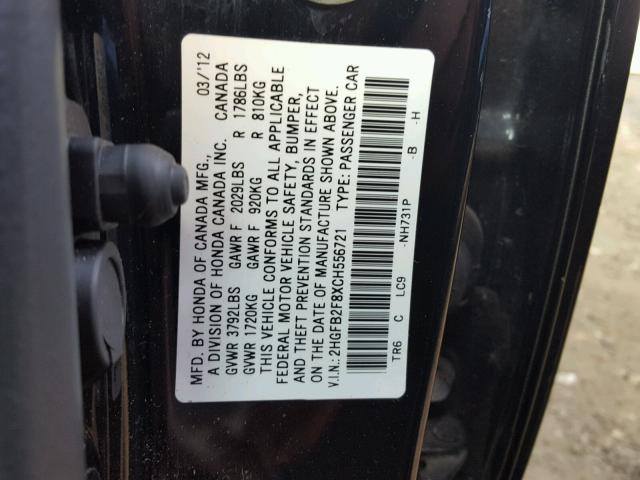 2HGFB2F8XCH556721 - 2012 HONDA CIVIC EX 黑色 照片 10