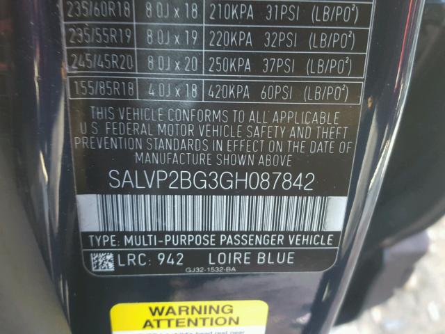 SALVP2BG3GH087842 - 2016 LAND ROVER RANGE ROVE BLUE photo 10