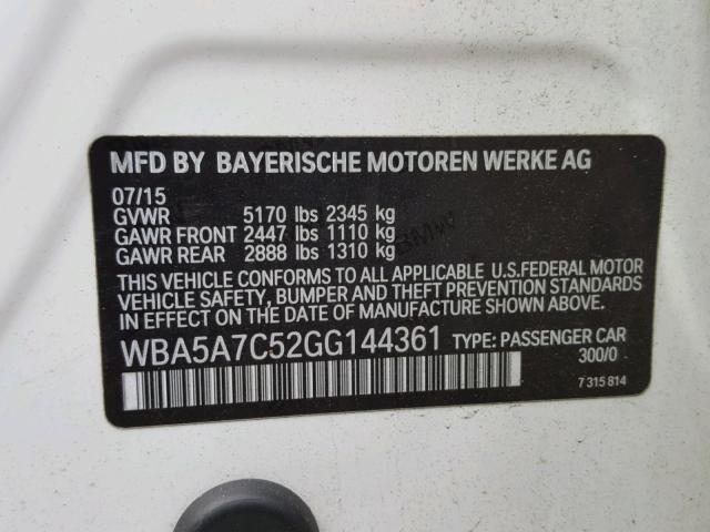 WBA5A7C52GG144361 - 2016 BMW 528 XI WHITE photo 10