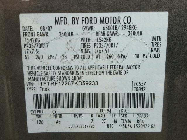 1FTRF12267KD59233 - 2007 FORD F150 CHARCOAL photo 10