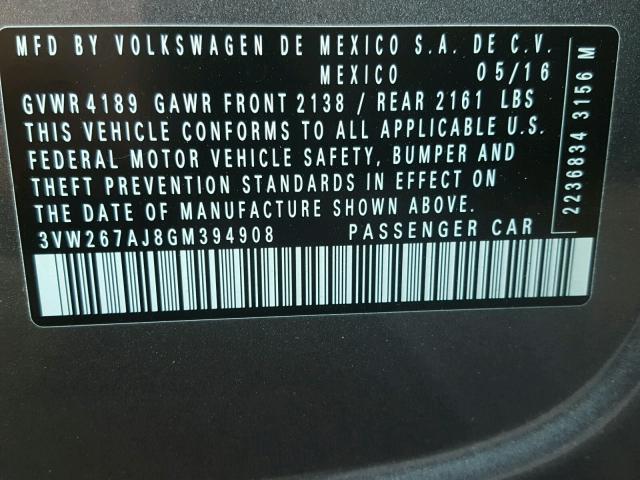 3VW267AJ8GM394908 - 2016 VOLKSWAGEN JETTA S 灰色 照片 10