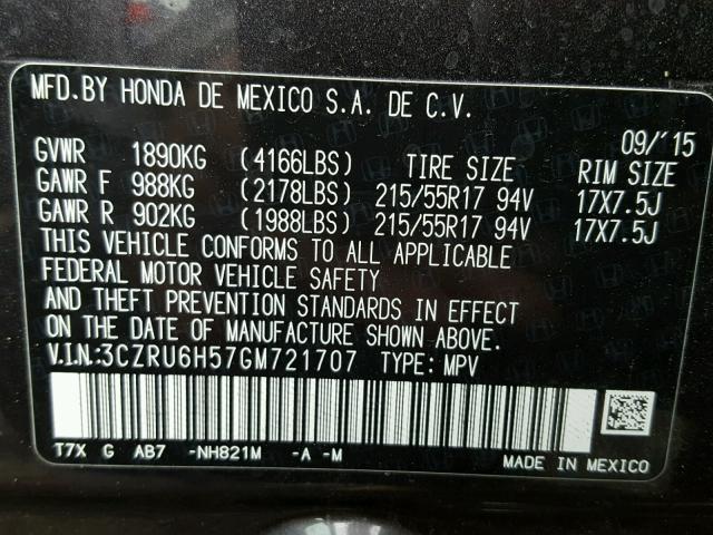 3CZRU6H57GM721707 - 2016 HONDA HR-V EX CHARCOAL photo 10