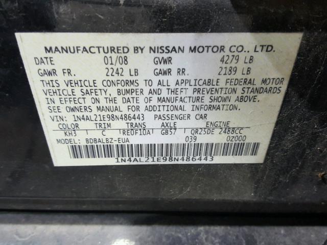 1N4AL21E98N486443 - 2008 NISSAN ALTIMA 2.5 BLACK photo 10