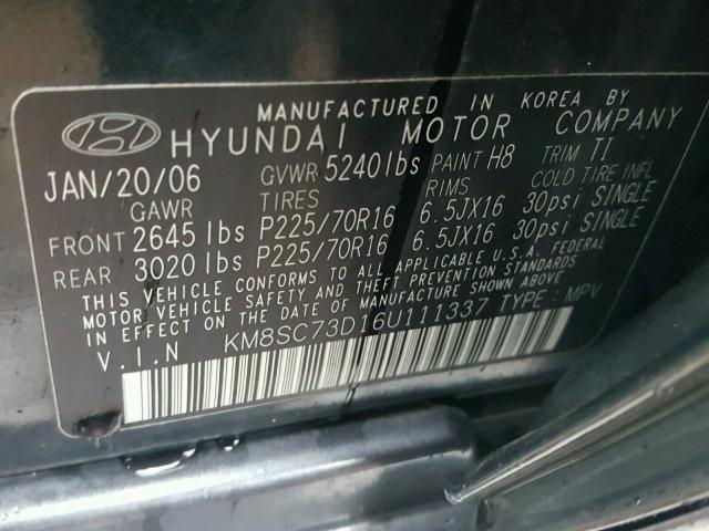 KM8SC73D16U111337 - 2006 HYUNDAI SANTA FE G GREEN photo 10