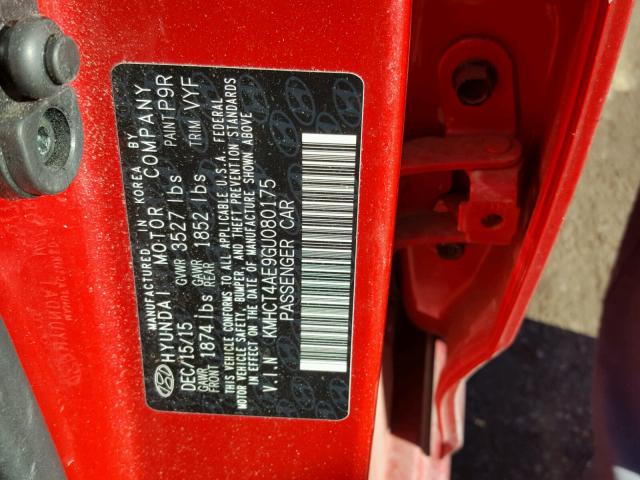 KMHCT4AE9GU080175 - 2016 HYUNDAI ACCENT SE RED photo 10