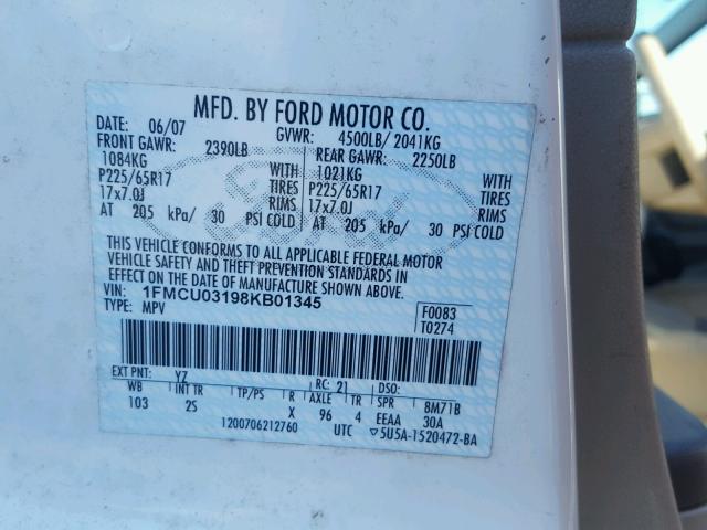 1FMCU03198KB01345 - 2008 FORD ESCAPE XLT WHITE photo 10