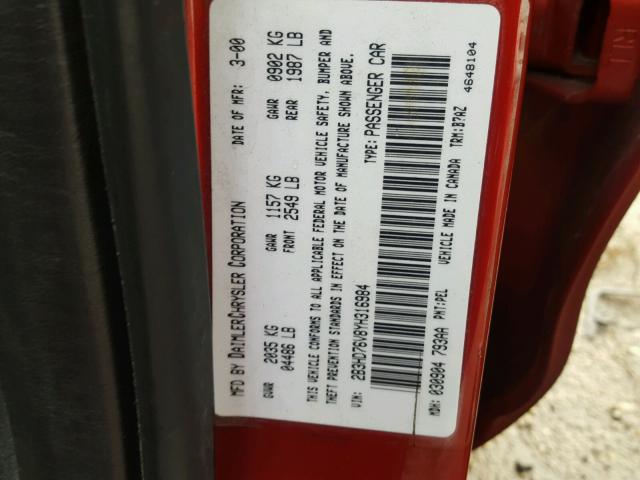 2B3HD76V8YH316984 - 2000 DODGE INTREPID R RED photo 10