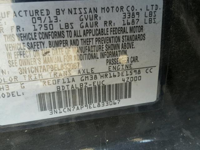 3N1CN7AP9EL833067 - 2014 NISSAN VERSA S BLACK photo 10