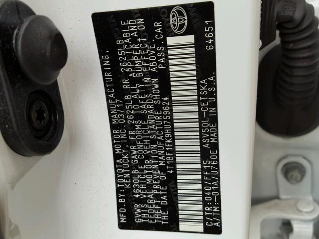 4T1BF1FK9HU759624 - 2017 TOYOTA CAMRY LE თეთრი ფოტო 10