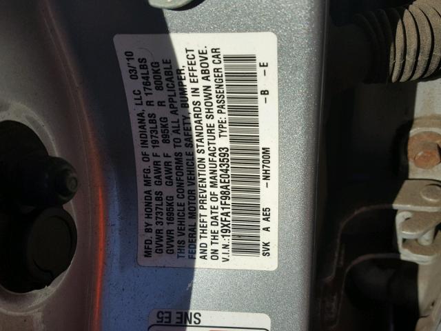 19XFA1F98AE043593 - 2010 HONDA CIVIC EXL 银色 照片 10