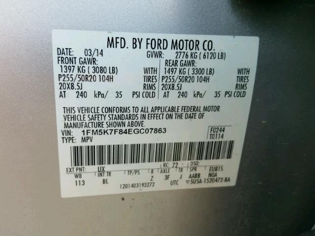 1FM5K7F84EGC07863 - 2014 FORD EXPLORER L SILVER photo 10