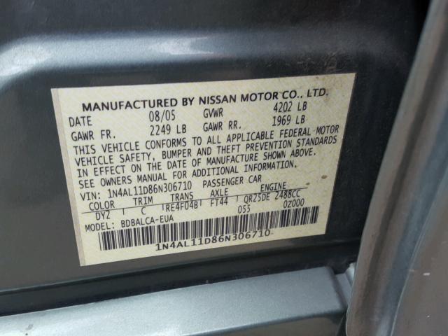 1N4AL11D86N306710 - 2006 NISSAN ALTIMA S GREEN photo 10