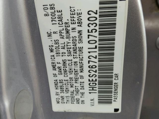 1HGES26721L075302 - 2001 HONDA CIVIC EX SILVER photo 10