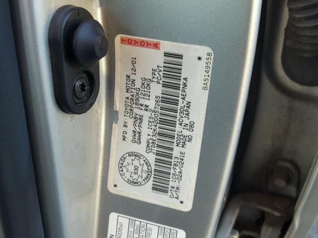 JTDBE32K420057265 - 2002 TOYOTA CAMRY LE SILVER photo 10