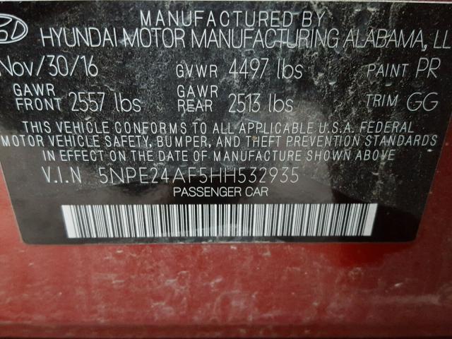 5NPE24AF5HH532935 - 2017 HYUNDAI SONATA SE RED photo 10