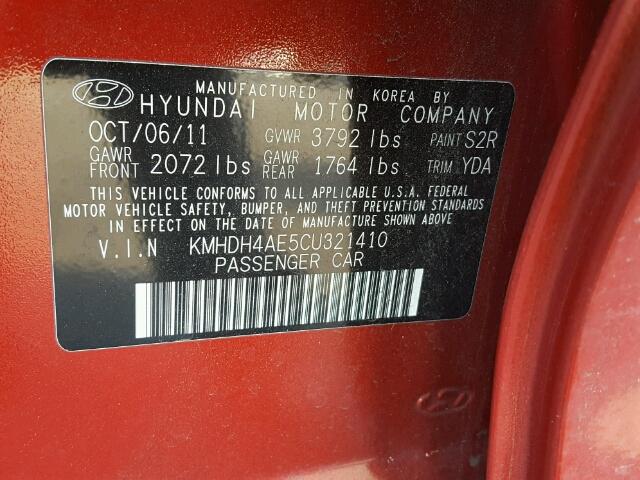 KMHDH4AE5CU321410 - 2012 HYUNDAI ELANTRA GL RED photo 10