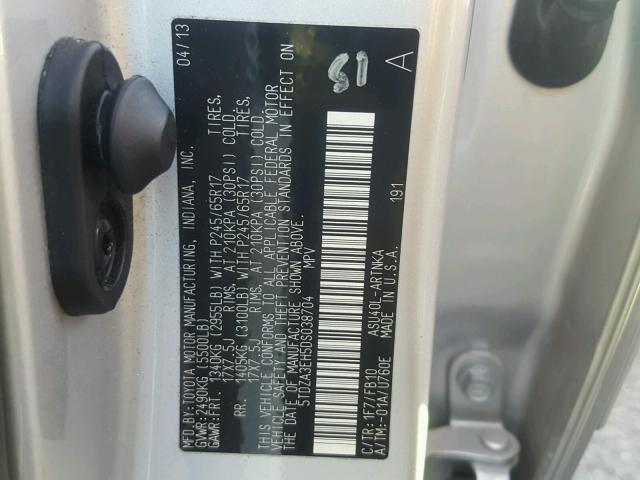 5TDZA3EH5DS038704 - 2013 TOYOTA HIGHLANDER SILVER photo 10