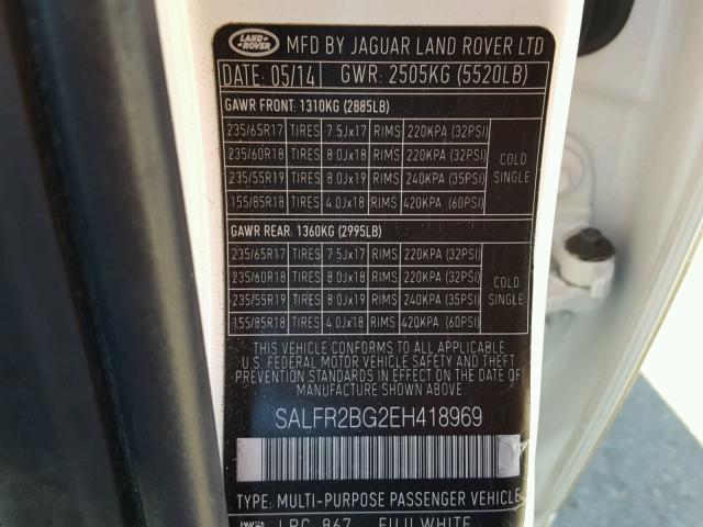 SALFR2BG2EH418969 - 2014 LAND ROVER LR2 HSE WHITE photo 10