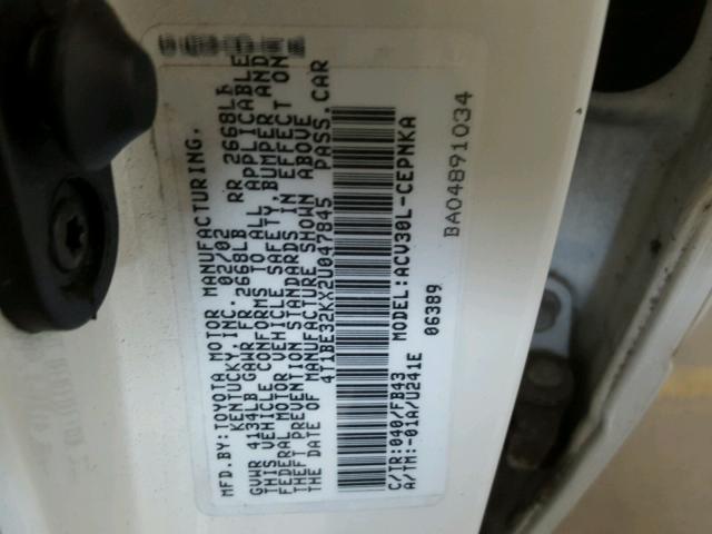 4T1BE32KX2U047845 - 2002 TOYOTA CAMRY LE 白色 照片 10