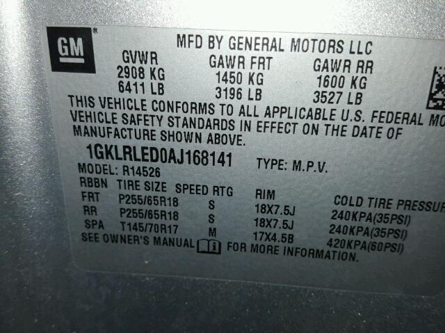 1GKLRLED0AJ168141 - 2010 GMC ACADIA SLE SILVER photo 10