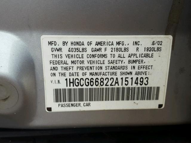 1HGCG66822A151493 - 2002 HONDA ACCORD EX SILVER photo 10