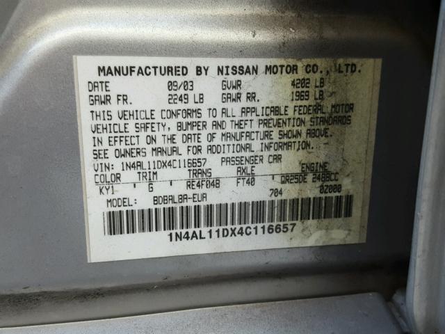 1N4AL11DX4C116657 - 2004 NISSAN ALTIMA BAS SILVER photo 10