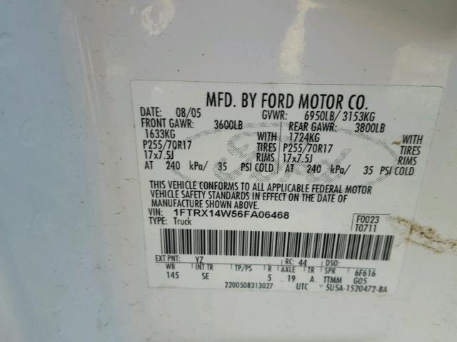 1FTRX14W56FA06468 - 2006 FORD F150 WHITE photo 10