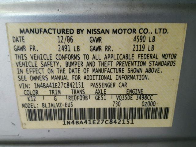 1N4BA41E27C842151 - 2007 NISSAN MAXIMA SE SILVER photo 10