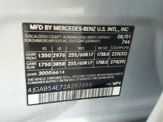 4JGAB54E72A297455 - 2002 MERCEDES-BENZ ML 320 SILVER photo 10