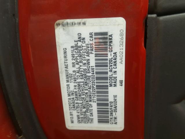 2T1CE22P23C024461 - 2003 TOYOTA CAMRY SOLA RED photo 10