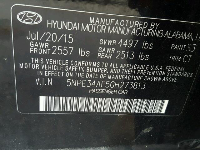 5NPE34AF5GH273813 - 2016 HYUNDAI SONATA SPO BLACK photo 10