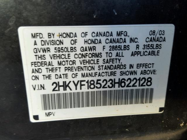 2HKYF18523H622128 - 2003 HONDA PILOT EXL BLACK photo 10